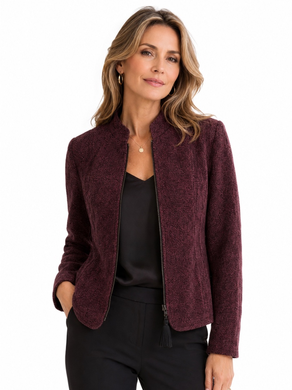 Renaissance Vintage Burgundy Tapestry Zip Jacket Women's, PL
